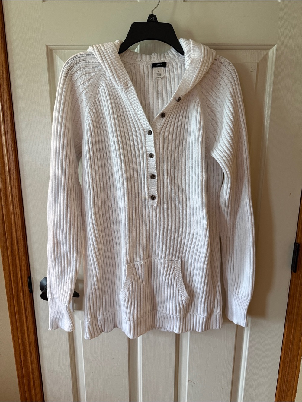 J. Crew White Ribbed Hooded Henley Sweater